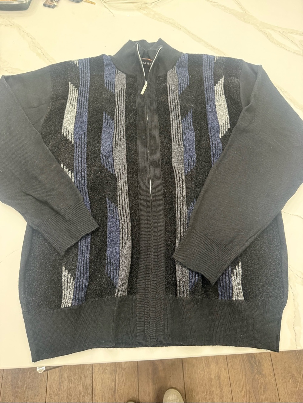 Michael Irvin Black Zip-Up Sweater with Blue and Gray Pattern